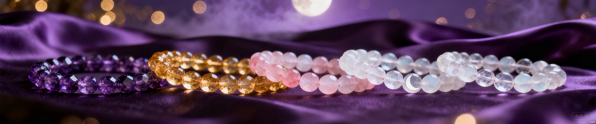 紫金叠戴主视觉：紫水晶、黄水晶、粉晶、白水晶手串于深紫丝绸上
